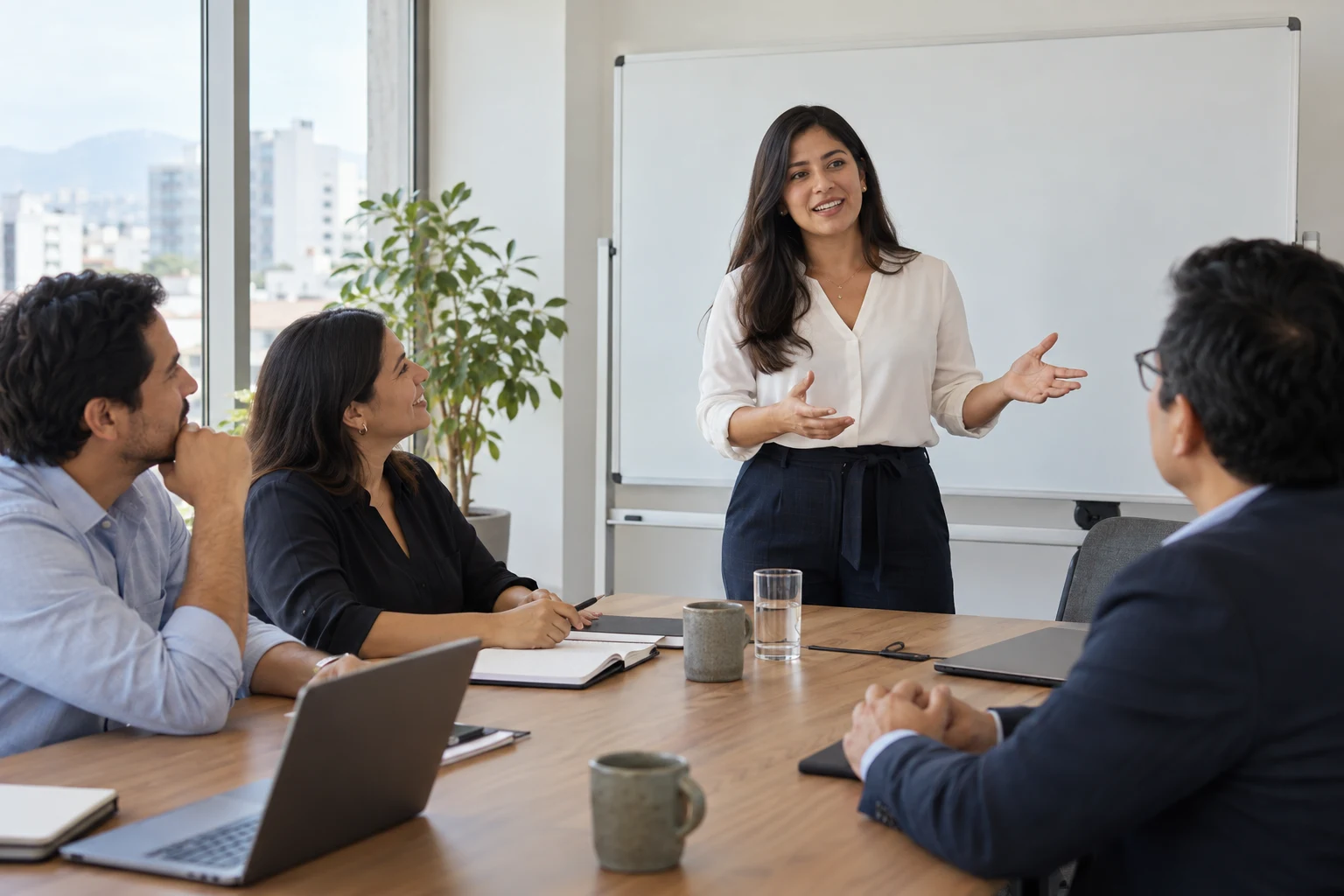 Escena ilustrativa de una presentación de ideas ante un equipo pequeño