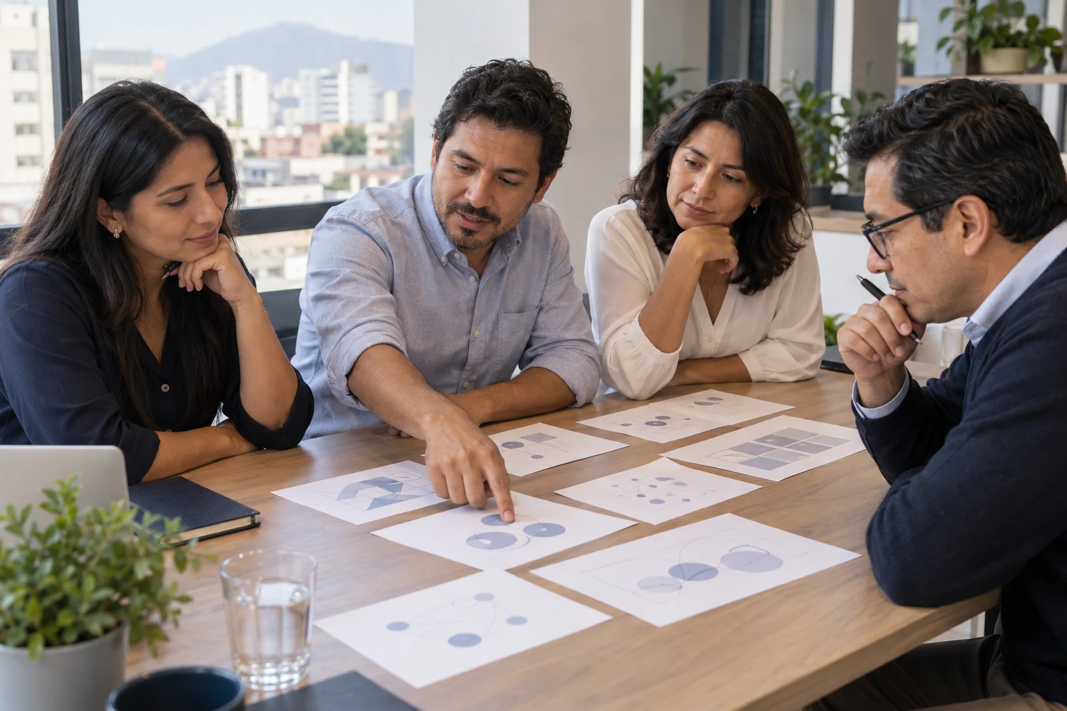 Escena ilustrativa de un equipo evaluando alternativas para un plan de acción